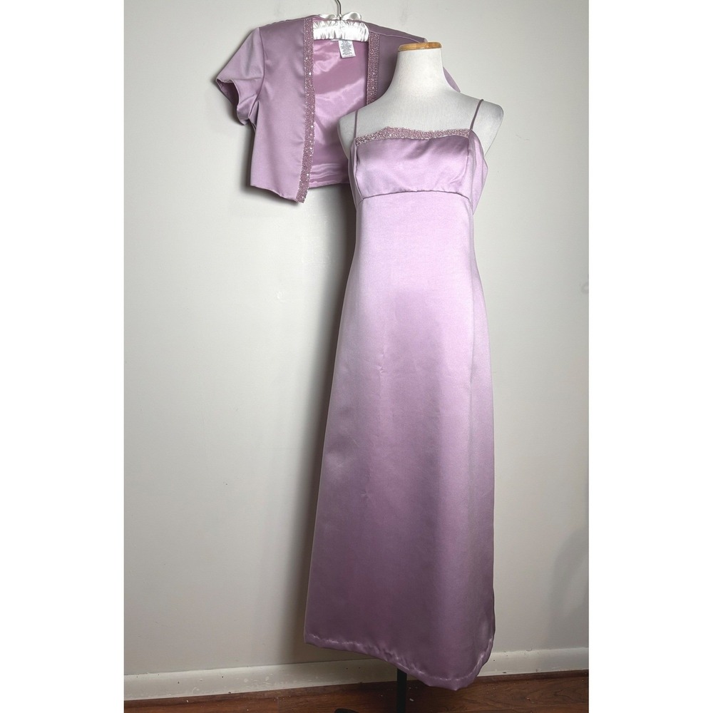 J.R. Nites VTG Y2K Regency Dress Set 10 Lavender Satin Beaded‎ Maxi Bolero 2pc